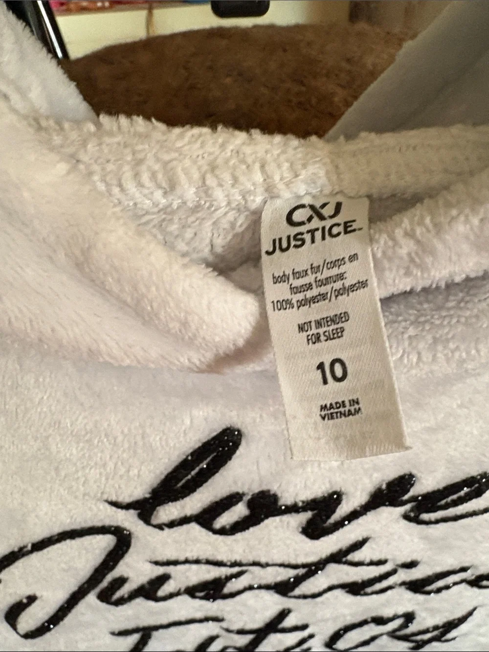 Justice White Plush Hoodie Sweater with Black Script